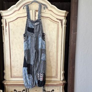Oli & Hali Black Washed Patchwork Denim Overalls Joggers size Medium